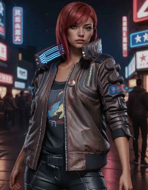 2d cartoon, a gorgeous fashion model, woman,  pointing at viewer, red hair, wearing a brown cyberpunk Samurai jacket, standing in a busy city street, sleeves up, night, night sky, large cityscape, neon signs, realistic, highly detailed, professional, 4k, highly detailed <lora:CyberpunkSamuraiJacketSDXL:0.75>