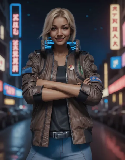 a gorgeous fashion model, woman, blonde hair, crossed arms, smiling, wearing a brown cyberpunk Samurai jacket, blue jeans, black...