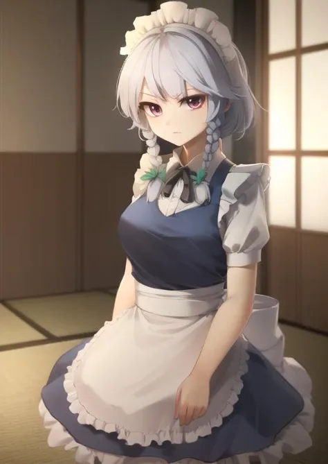 (masterpiece, best quality:1.2), extremely detailed, soft ambient lighting, sharp focus, 4K, BREAK <lora:izayoi_sakuya_v1:1>, 1girl, solo, izayoi Sakuya, sakuya1, maid, maid headdress, maid apon, BREAK indoors, japanese house, looking at viewer, serious,