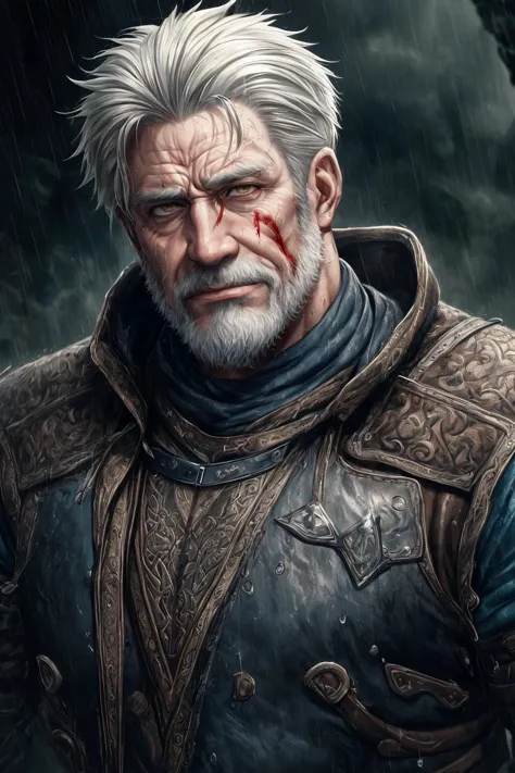 masterpiece, hyper detailed, best quality, extreme detailed, illustration, delicate composition, fusion of abstract and fluid art, (1man, wrinkled face, old french male:1.2),   yellow eyes, gray hair, blunt cut, 
norse, portrait, battlescars,looking at viewer, solo, half shot, detailed background, (ExpeditionStyle theme:1.1), nordic medieval norse raider, bloodthirsty expression, dynamic pose,   viking age,  blood spatters, simple muted dark blue padded leather vest,    soaked in the rain, cinematic scene composition, viking  atmosphere,