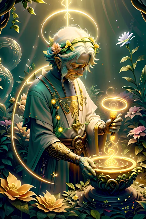 ((An elderly gardener tending to sacred flowers)),  (((Colorful Holy flowers))), ((Golden vines)), ((Vibrant Garden)), (((Swirling Holy Magic))), (((Holy Energy)), ((Holy Light)), blessedtech, blessed, aura naturemagic, magical energy, fantasy ExpeditionStyle