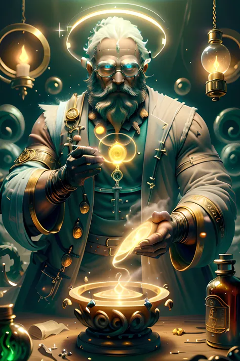 ((An old bearded alchemist experimenting with holy magic and potions in his laboratory)), (((Swirling Holy Magic))), (((Holy Ene...