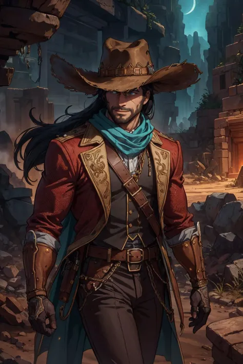 a man in a cowboy hat and a red jacket is walking through a ruined city