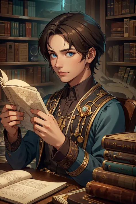 highres, detailed, (1man, thin adult  male:1.2),  light blue eyes, dark brown hair, temp fade, 
  solo, upper body, looking at viewer, detailed background, detailed face, intricate details, (ExpeditionStyle theme:1.1) scholar sitting at desk,  researching,  clutter, surrounded by books,  maps, notes,  glowing magical symbols,  runes, abacus,      magic emerging from text, ancient magic,     library in background, filtered light, mysterious atmosphere,