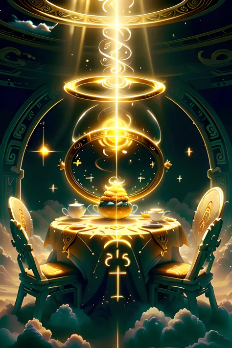 ((Holy Breakfast on a Table)),  (((Sacred Golden Tea))), ((Dining Table)), (((Window Overlooking Golden Clouds:0.8))), (((Swirling Holy Magic))), (((Holy Energy)), ((Holy Light)), <lora:BlessedTech-20:0.8> blessedtech, blessed, aura <lora:NatureMagic-20:0.5> naturemagic, magical energy, fantasy <lora:ExpeditionStyle:0.4> ExpeditionStyle