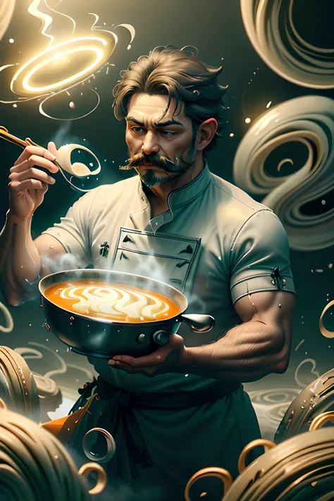 ((Um chef com um bigode enrolado preparando uma sopa infundida com magia sagrada)), ((cozinha)), (((Turbilhão de Magia Sagrada))), (((energia sagrada)), ((Santa Luz)), abençoadotech, abençoado, aura naturemagic, energia mágica, estilo de expedição de fantasia