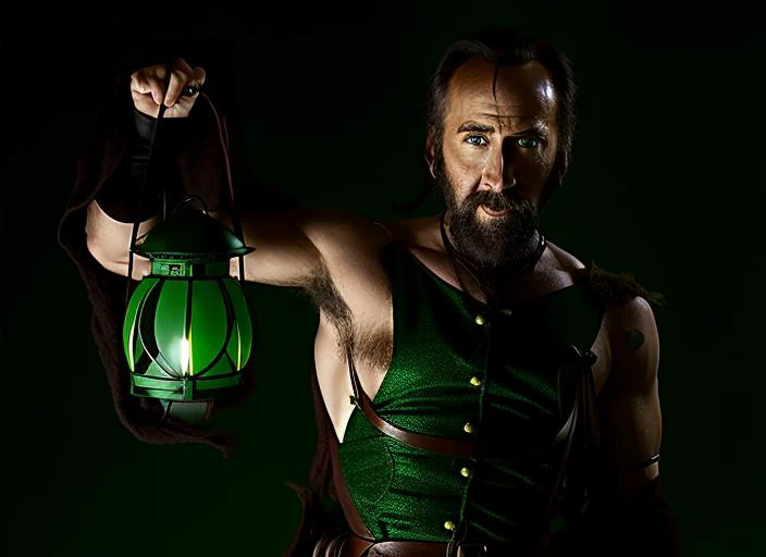 NcCG hält eine grün leuchtende Laterne, heroisches Fantasyfilm-Standbild, weißer Bart
