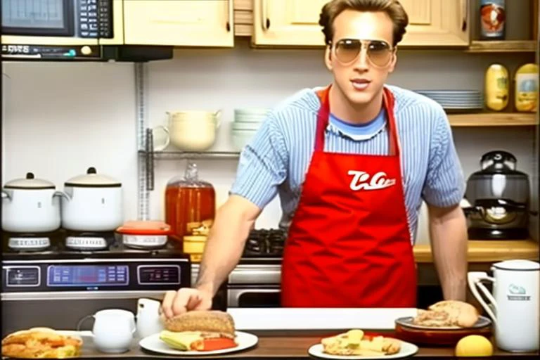 Der 28-jährige Schauspieler NCCG moderiert 1992 eine Kochshow im Fernsehen,Sonnenbrille, 90vhs ((körniges Bild)), analoger Stil