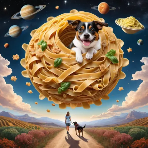 a dog walking the girl on a little planet, hyper-detailed pasta collage, photo surrealism masterpiece