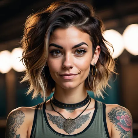 life documentary artistic analog raw photo, rule of thirds, dramatic lighting, medium hair, detailed face, detailed nose, woman wearing tank top, collar or choker, smirk, tattoo, intricate background, balanced tones