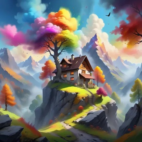 a painting of a house on a mountain with trees and clouds