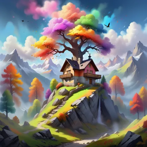 a painting of a house on a hill with a tree in the middle