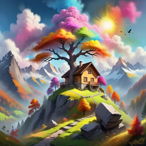 a painting of a house on a hill with a tree in the foreground