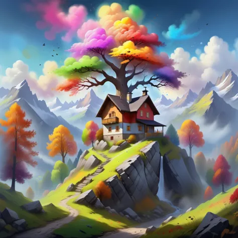 a house on a hill with a tree in the middle