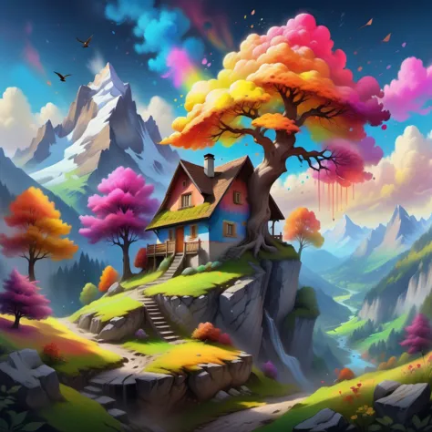 a house on a hill with a tree in the middle