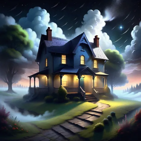 a painting of a house with stairs leading to a pathway