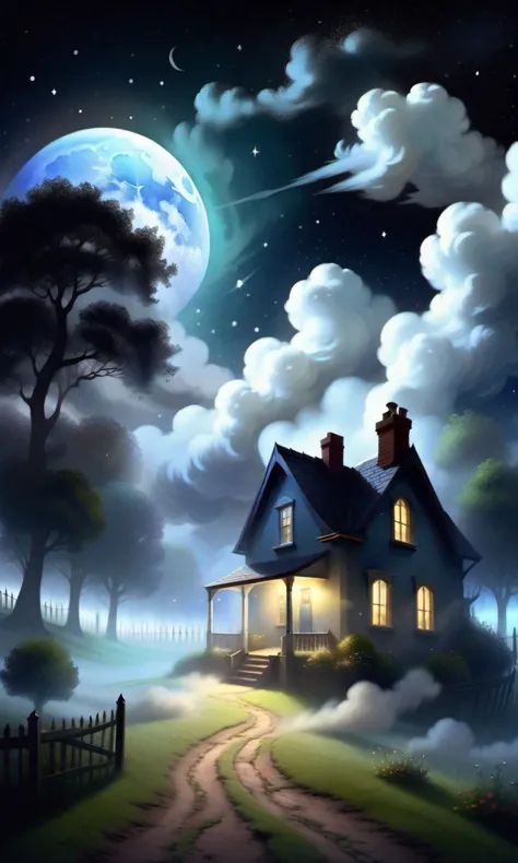 a painting of a house in the middle of a field with a full moon