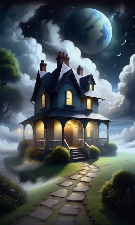 a painting of a house with a path leading to it