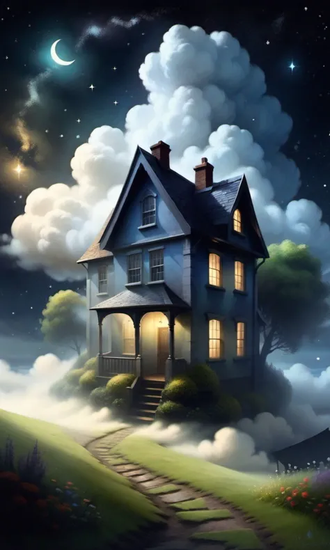 a painting of a house in the night with a moon in the sky