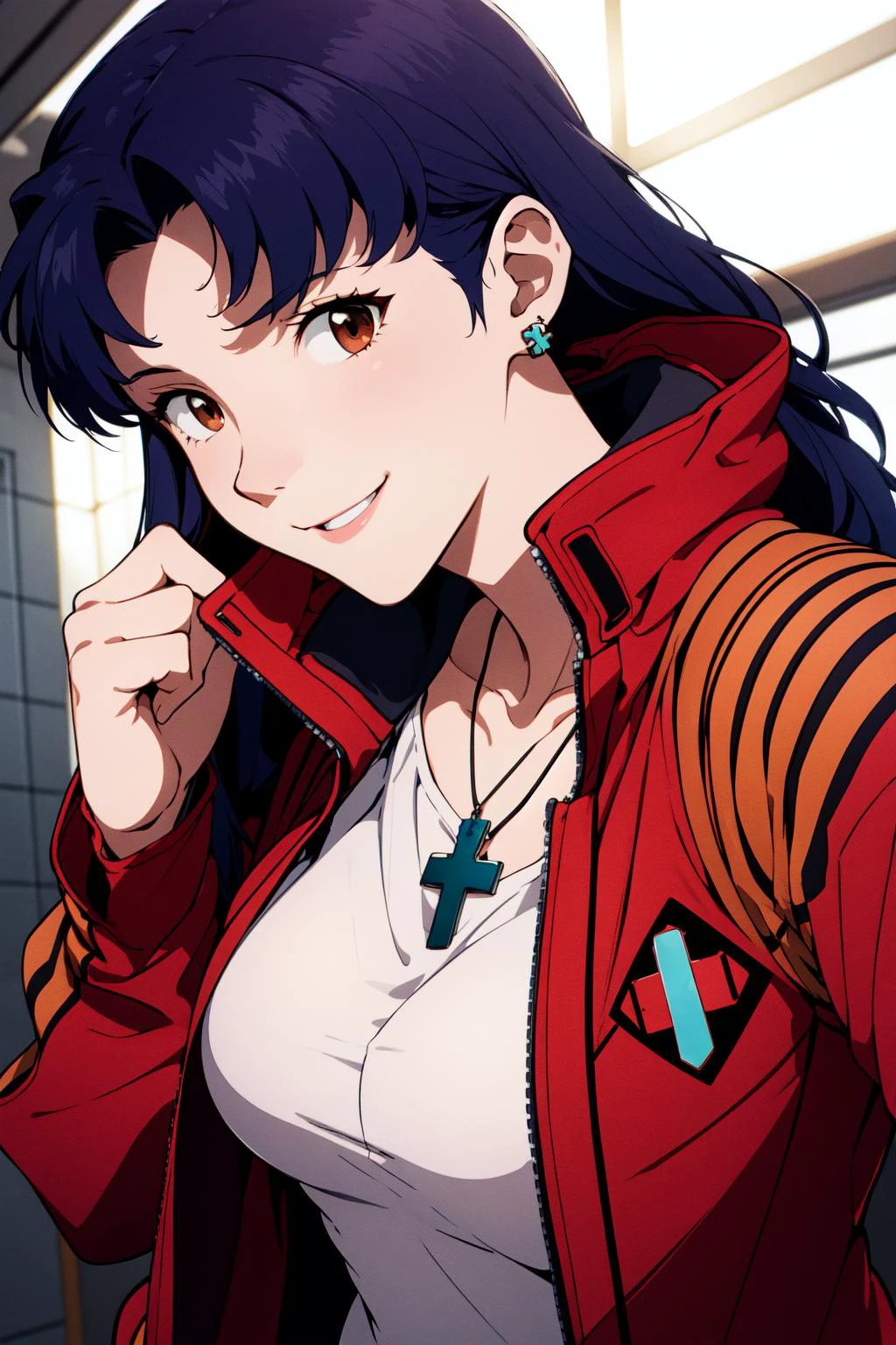 (RAW photo, best quality), 1girl,  natural lighting, solo,
katsuragi misato,  red jacket, necklace, earrings, cross, smile,