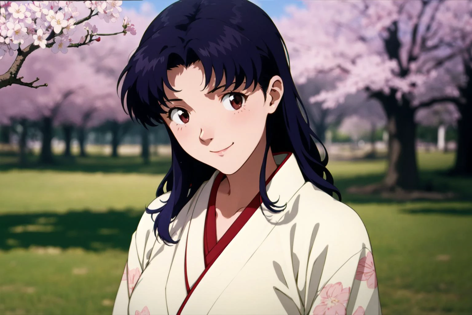 (RAW写真, 最高品質), 1人の女の子,  自然光, 一人で, 軽い笑顔, 
katsuragi misato,  屋外,
春, 桜の花, 美しい着物, 上半身,