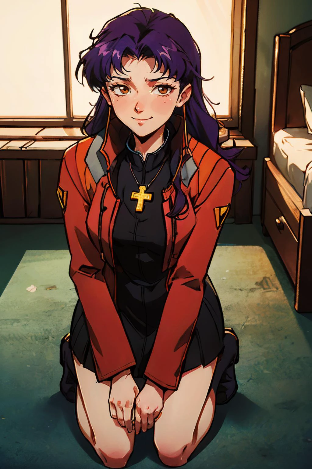 katsuragi misato, brown eyes, purple hair, cross necklace, red jacket ...