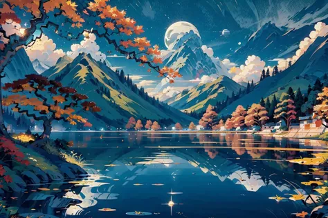 a painting of a mountain lake with a full moon in the sky