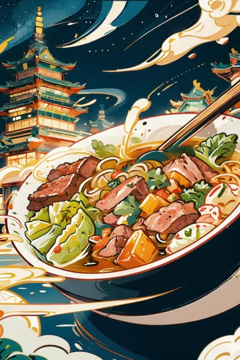 there is a bowl of noodles with meat and vegetables in it