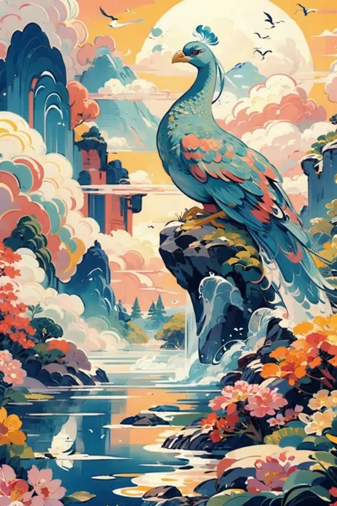 a painting of a bird sitting on a rock near a river