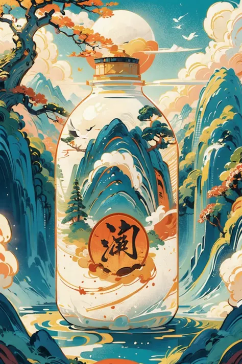 a painting of a bottle with a painting of a mountain and a tree