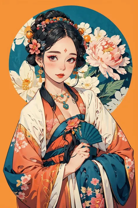 a woman in a kimono with flowers and a fan