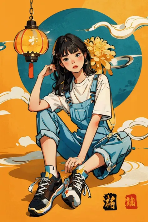 ((masterpiece)), best quality, perfect anatomy,8K wallpaper,
mChinaChic, 1girl, solo, brown hair, long hair, flower, chrysanthemum, white sneakers, white shirt, bangs, short sleeves, blush, sitting on ground, paper lantern, wide shot, full body, knees up, simple background, blue overalls,orange  and yellow background, hand on feet, chinese text mark, smoke
<lora:mChinaChic_v1:0.8>