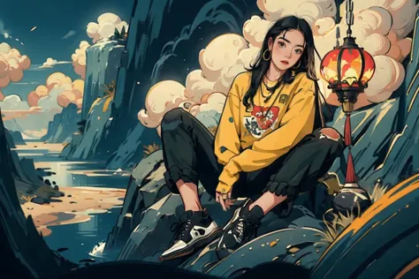 ((masterpiece)), best quality, perfect anatomy,8K wallpaper,
mChinaChic, 1girl, solo, black shoes, black hair, yellow print shirt, long hair, necklace, lantern, cloud, looking at viewer,  torn pants, long sleeves,sitting on rock, hoop earrings, wide shot, ring,
<lora:mChinaChic_v1:0.8>