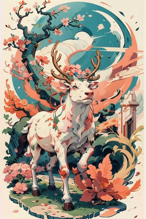 a painting of a deer with flowers on its head