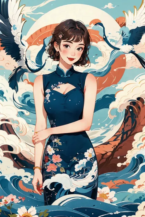 ((masterpiece)), best quality, perfect anatomy,8K wallpaper,
mChinaChic, 1girl, crane \(animal\), waves, water pattern, brown hair, red lips, short hair, curls, earrings, sleeveless, leaf, smile, smoke, blush, china dress,sleeveless dress,blue dress, hairclip, floral print, flower on background,
<lora:mChinaChic_v1:0.8>