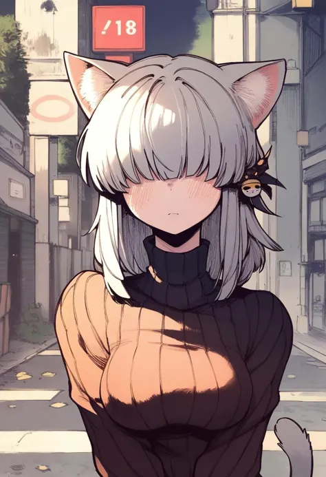 anime girl with white hair and black eyes standing in the street