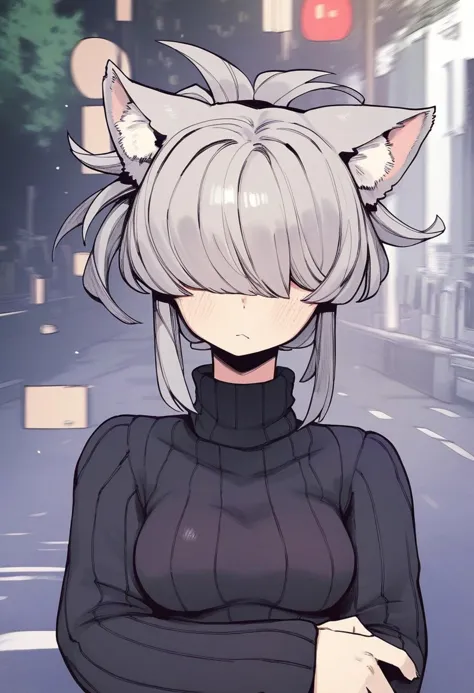 a close up of a person with a cat ear and a black top