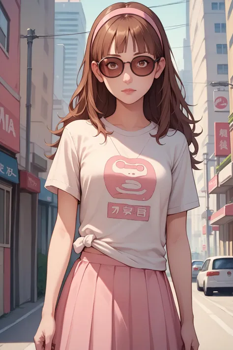 anime girl in a pink skirt and a white shirt with a pink headband