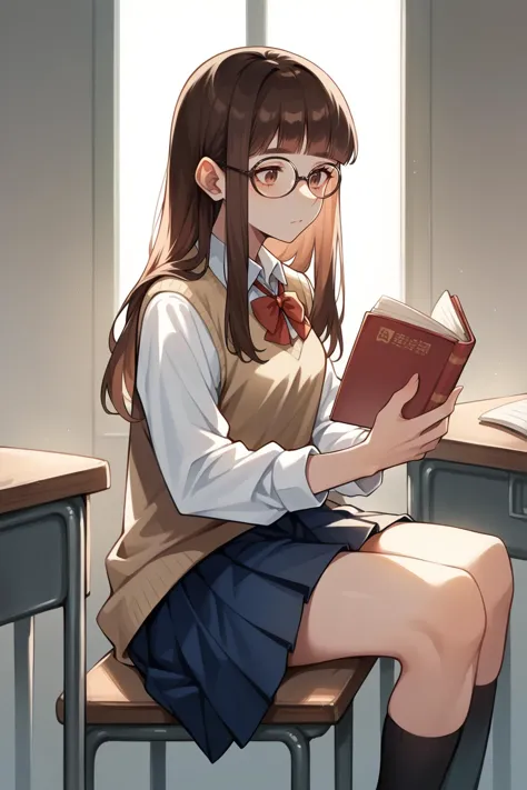 anime girl sitting on a desk reading a book