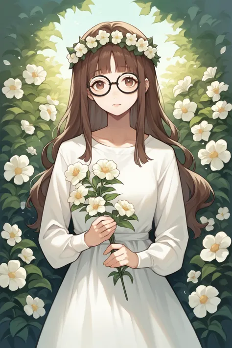 score_9, score_8_up, 1girl, solo,<lora:NSAlicePortia:1> NSAlicePortia, brown hair, long hair, brown eyes, blunt bangs, glasses, white dress, flower wreath, holding flowers, garden