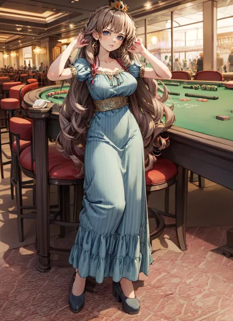 ((best quality)), ((highly detailed)), masterpiece, detailed face, beautiful face, , <lora:more_details:.7>, (1girl), dynamic pose, full body, (((very wide shot))), princess, ((very long hair)), curly hair, light brown hair, large dress, (maxi dress), <lora:EraseGroinSkirt:1>, crown, (indoors, in a casino), <lora:pantsu-ripper:1>