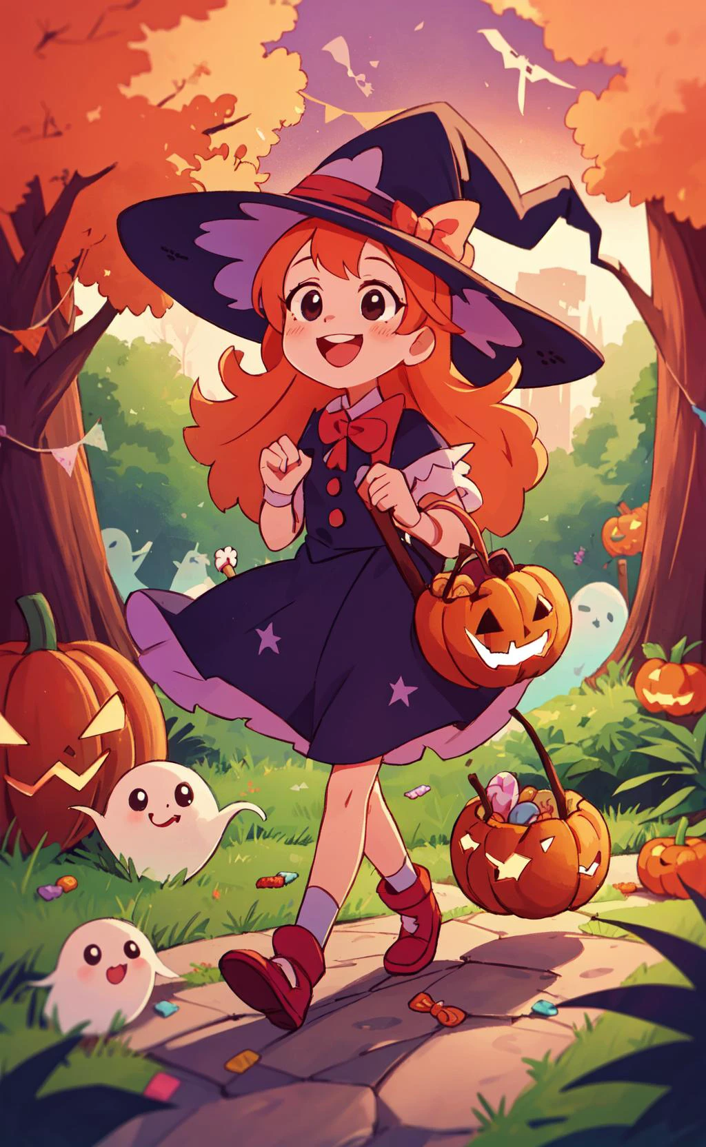 masterpiece, best quality, witch , cute, happy, vibrant, colorful,nature,trail, background forest animals,take a walk,halloween, witch hat, grin, (ghost), sweets, candy, candy cane, cookie, string of flags, halloween costume, jack-o'-lantern bucket, halloween,(Sunset) 