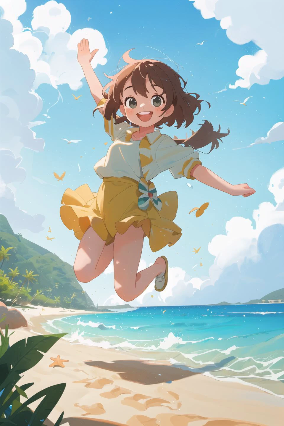 masterpiece,best quality,1girl,sandy beach,jump,smile,dynamic,lookin at viewer