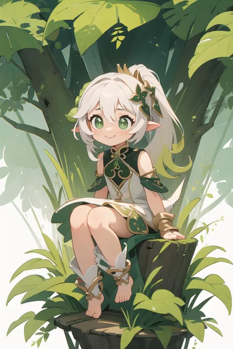 ,
nahidadef, <lora:nahida1:1>,
pointy_ears, green_eyes, white_hair, single ponytail, hair_ornament, hair_between_eyes,
flat_chest,
smile,
while dress,
barefoot,, ,
forest,
((arms at sides)),
sitting,
(best quality), ((masterpiece)), (highres), original, ex...