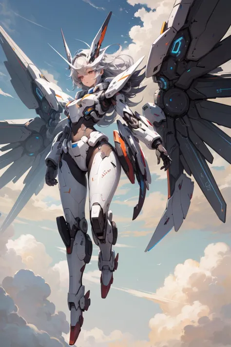 mecha,1girl,full body,<lora:mechanical_wings-000007:1>,mechanical_wings,thrusters,sky,cloudy sky,(masterpiece, best quality, hig...