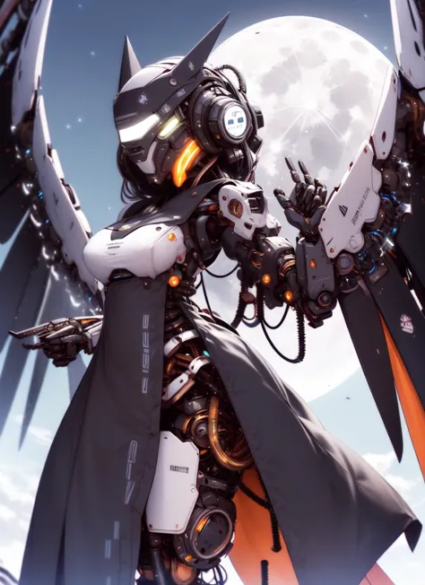 ((best quality)), ((highly detailed)), , (1girl), (solo), dutch_angle, sexy position, ((robot girl)), robot body, (metallic hair:1.3), (black eyes), colored sclerae, ((mechanical ears)), biomechanical, mechanization, (mercury(substance) skin), (metal skin:1.33), colored skin, (motorcycle helmet, covered face, mask, noface, (hidden face), ((no mouth)), lights, LEDs, wires, cables, shiny skin, robot limbs, ball-joints, large breasts, (mechanical_wings:1.2), mechanical arms, (outdoors, in a church, evening, night sky, stars, full moon)