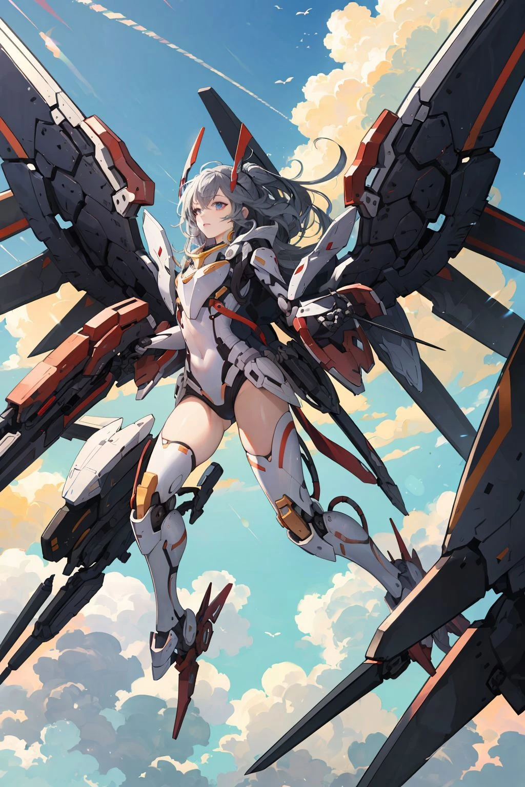 mecha,1girl, full body, mechanical_wings, thrusters,sky,cloudy sky,, (masterpiece, best quality, high quality, highres, ultra-detailed),