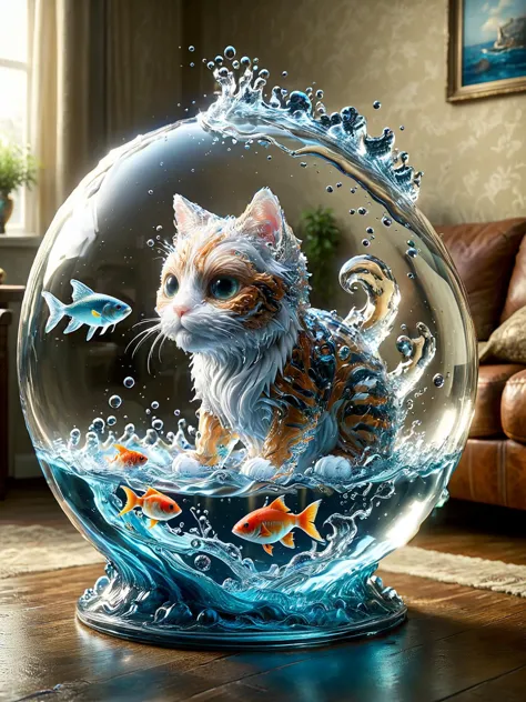 watce, A comical image of a cat, curiously looking at a fishbowl helmet filled with water and fish, set in a cozy living room dynamic, cinematic, masterpiece, intricate, hdr.