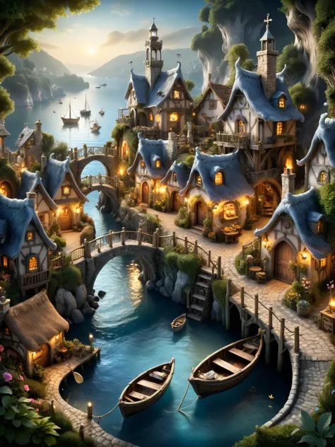 watce, A whimsical scene of a watce fairy village, with tiny habor, tiny fishing boats, a lighthouse, houses, ale house, boat ya...