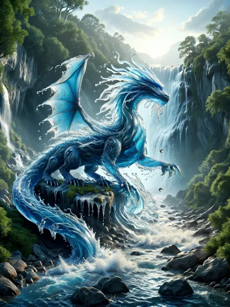 watce, A mystical scene of a dragon whose scales and breath are made of flowing water, perched atop a waterfall cliff <lora:watc...